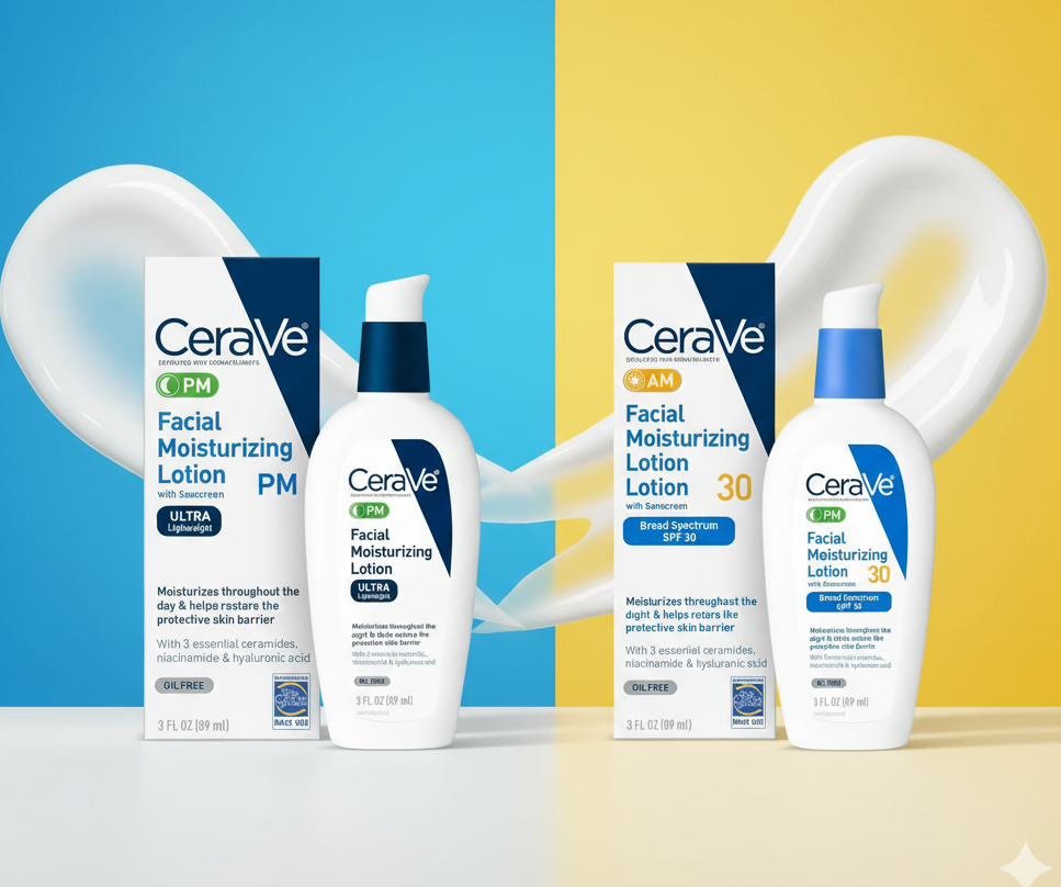 CeraVe AM PM lotion combine pack - Facial Moisturizing Lotion with SPF 30 and CeraVe PM Facial Moisturizing Lotion, Night Cream with Hyaluronic Acid and Niacinamide